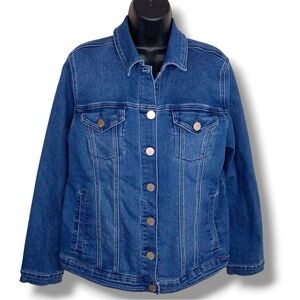 Large Diane Gilman DG2 Blue Stretch Denim Jacket Button Up Womens